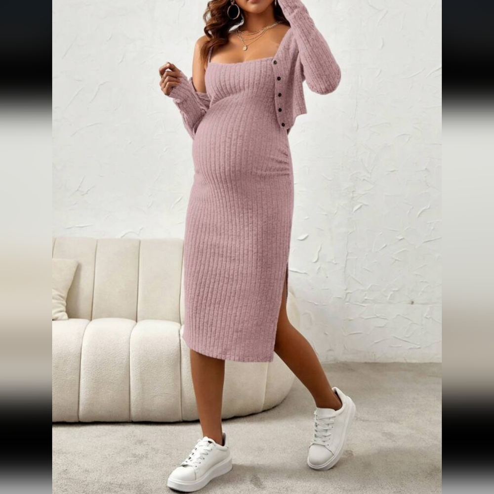 Pink Ribbed Knit Maternity Dress with Cardigan